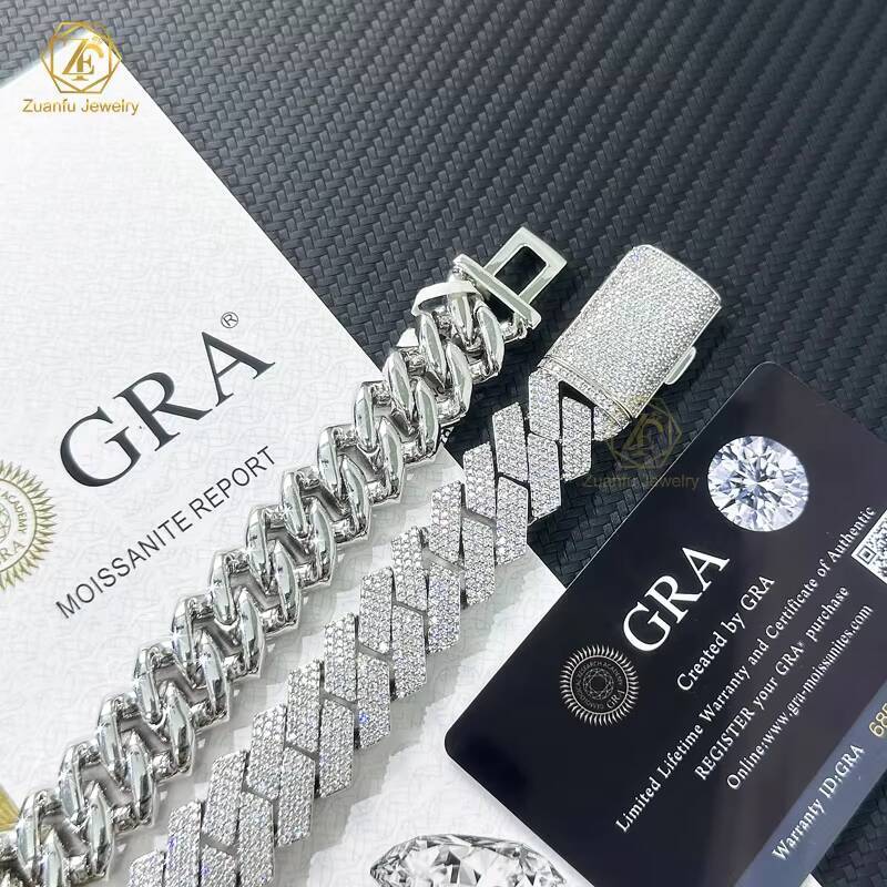 Custom Lock Pass Silver LAB Grown Diamond Tester 8mm Three Rows Iced Out Hip Hop VVS1 Moissanite Diamond Cuban Link Chain Neckla