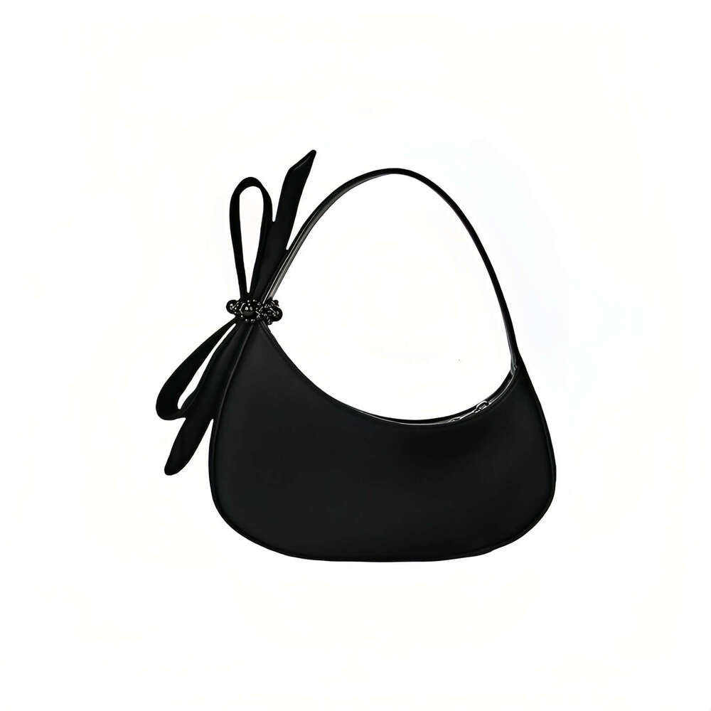 Women's Luxury Designer Black Half Moon Shoulder Bag, Top Handle Satchel with Rhinestone Bow and Zipper Closure for Parties Dating Travel Wo