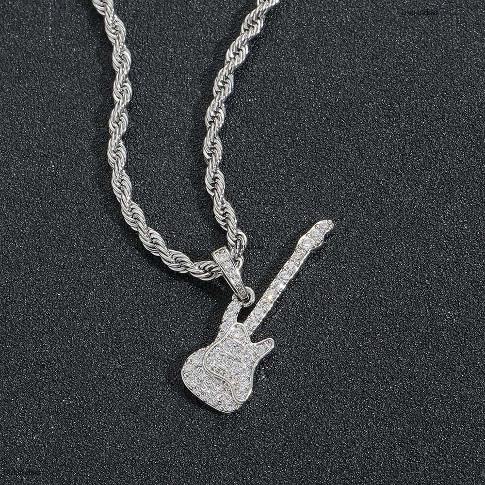 Hip Hop Necklace Guitar Micro Inlaid Moissanite chain Punk Personality Creative Men's Rock Street Pendant