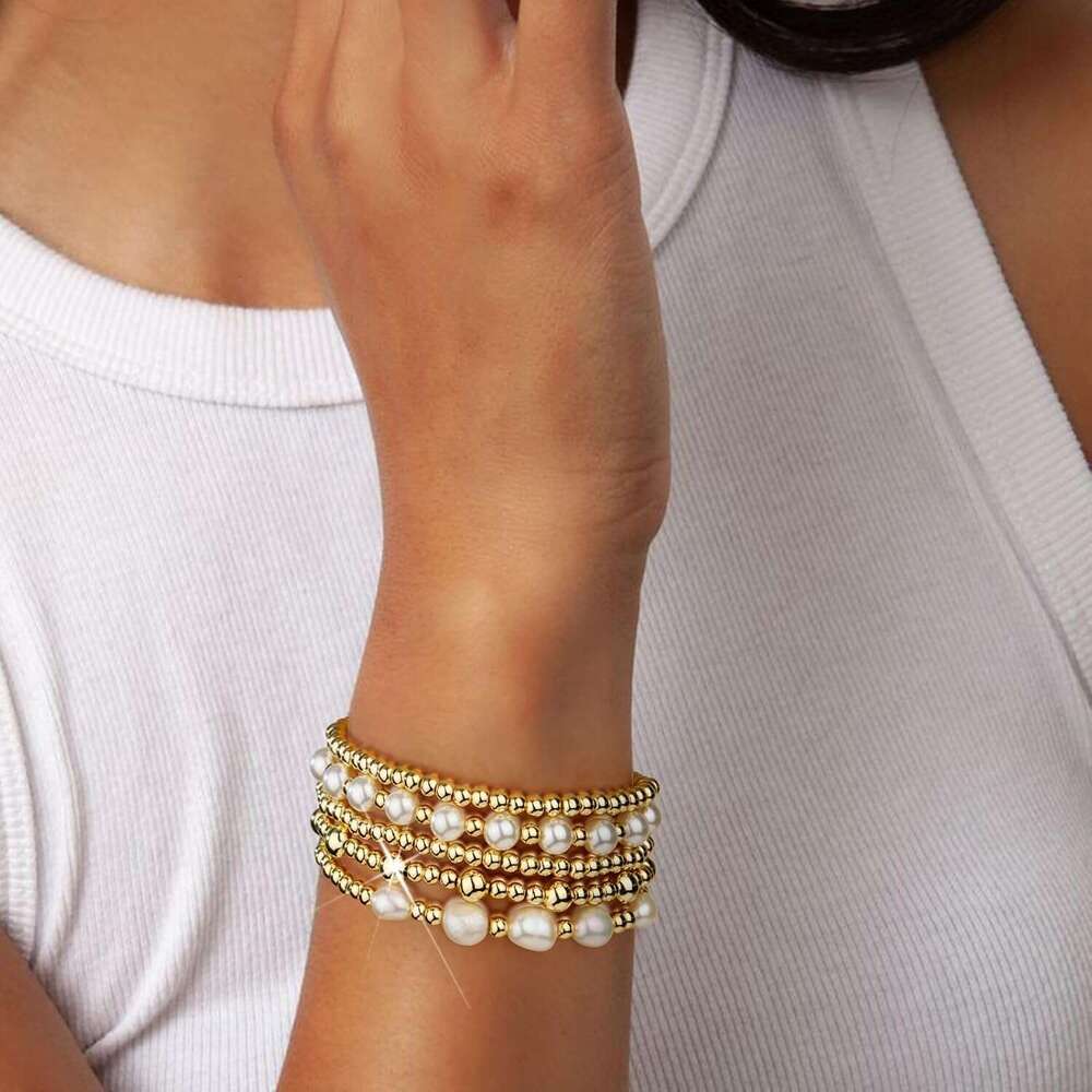 Bracelets Women Beaded 14K Gold Plated Stack Strand Stretch Bead Ball Stackable Adjustable Bracelet Set Jewelry for Gifts
