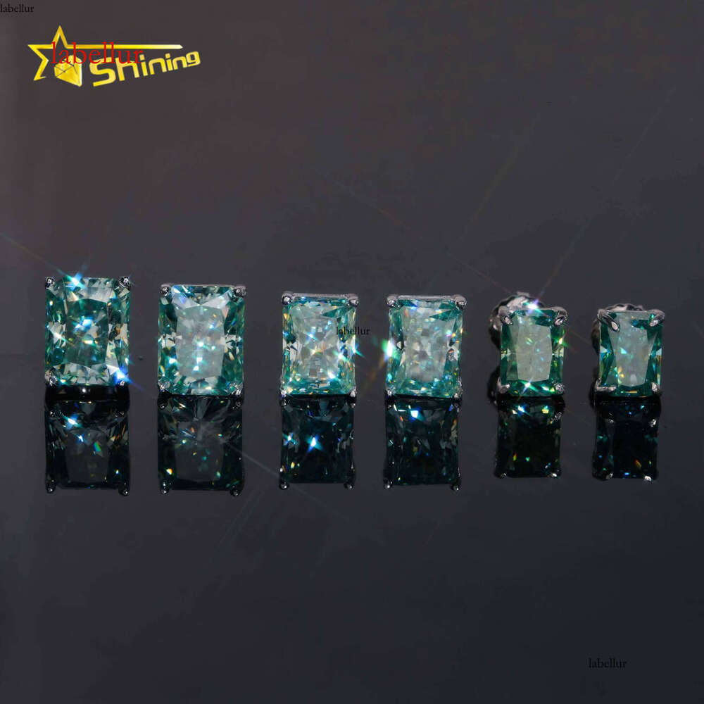 Fashion Jewelry Color Dia Blue Green Sier Screw Back Radiant Cut Moissanite Stud Earrings