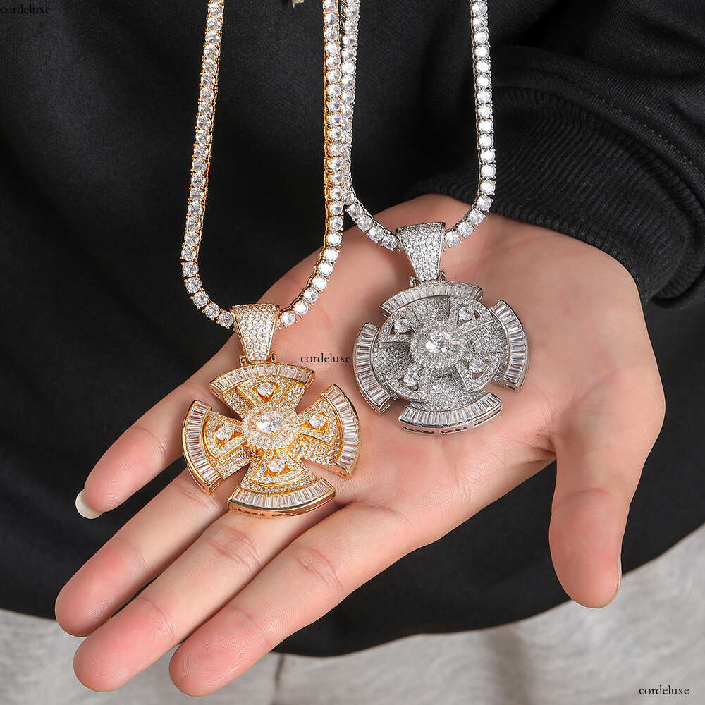 Hip-Hop Rotating Cross Trendy Brand Personality Square Round Moissanite chain Pendant Accessories Men's Necklace