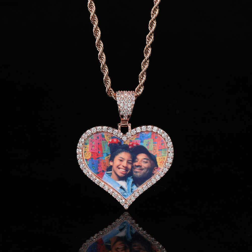 Couple Heart Pendant Micro Pave Moissanite chain Hip Hop Jewelry Heart-Shaped Photo Frame Necklace
