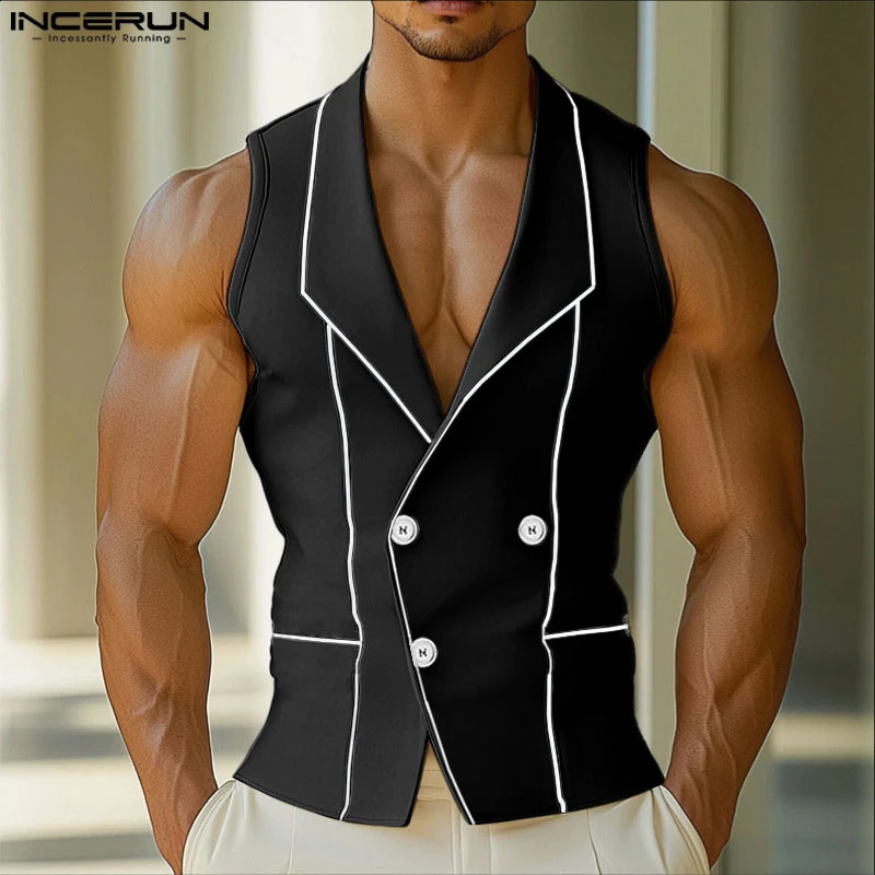 INCERUN Men Vests Printing Colorblock Lapel Sleeveless Button Casual Male Waistcoats Streetwear Fashion Leisure 250809