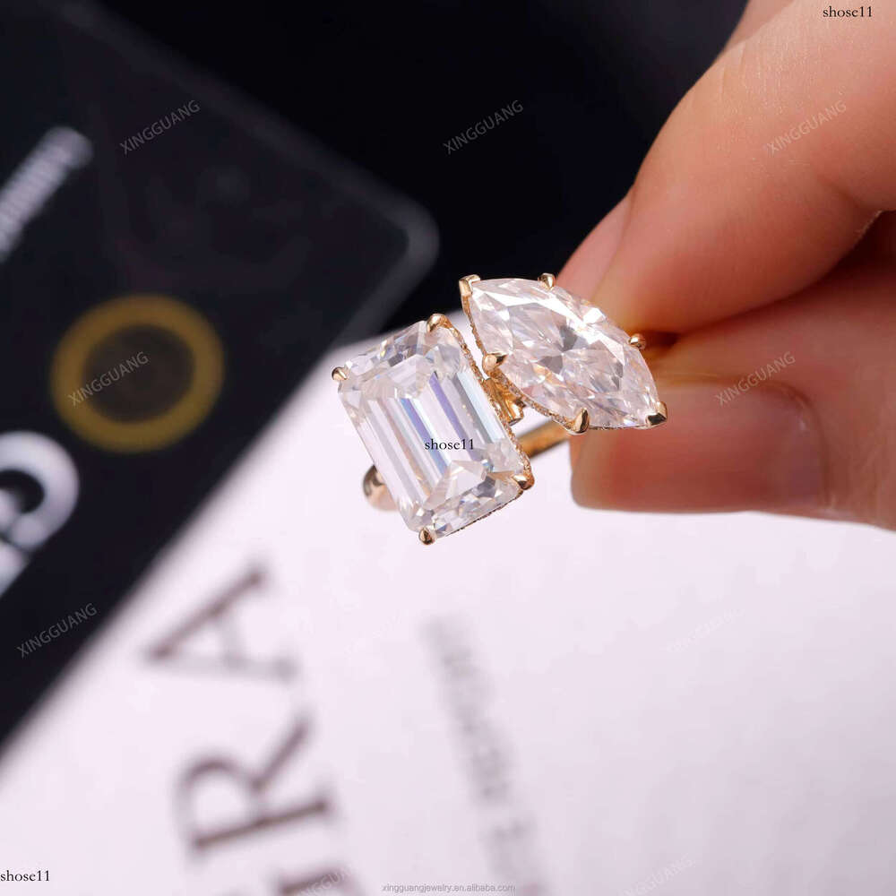XingGuang 2CTW Marquise Emerald Cut Moissanite Rings Women Solid Sier14K Gold D/VVS1 Ring for Engagement Wedding