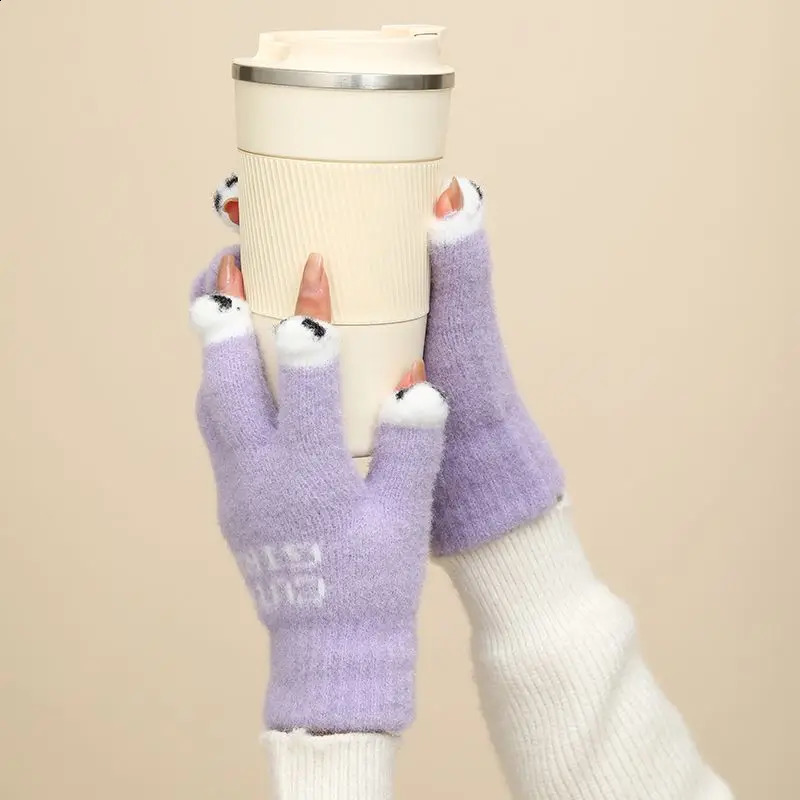 Female Winter Cute Cartoon Knitted Plush Gloves - Warm Touch Screen/Write Open Finger Cycling 250807