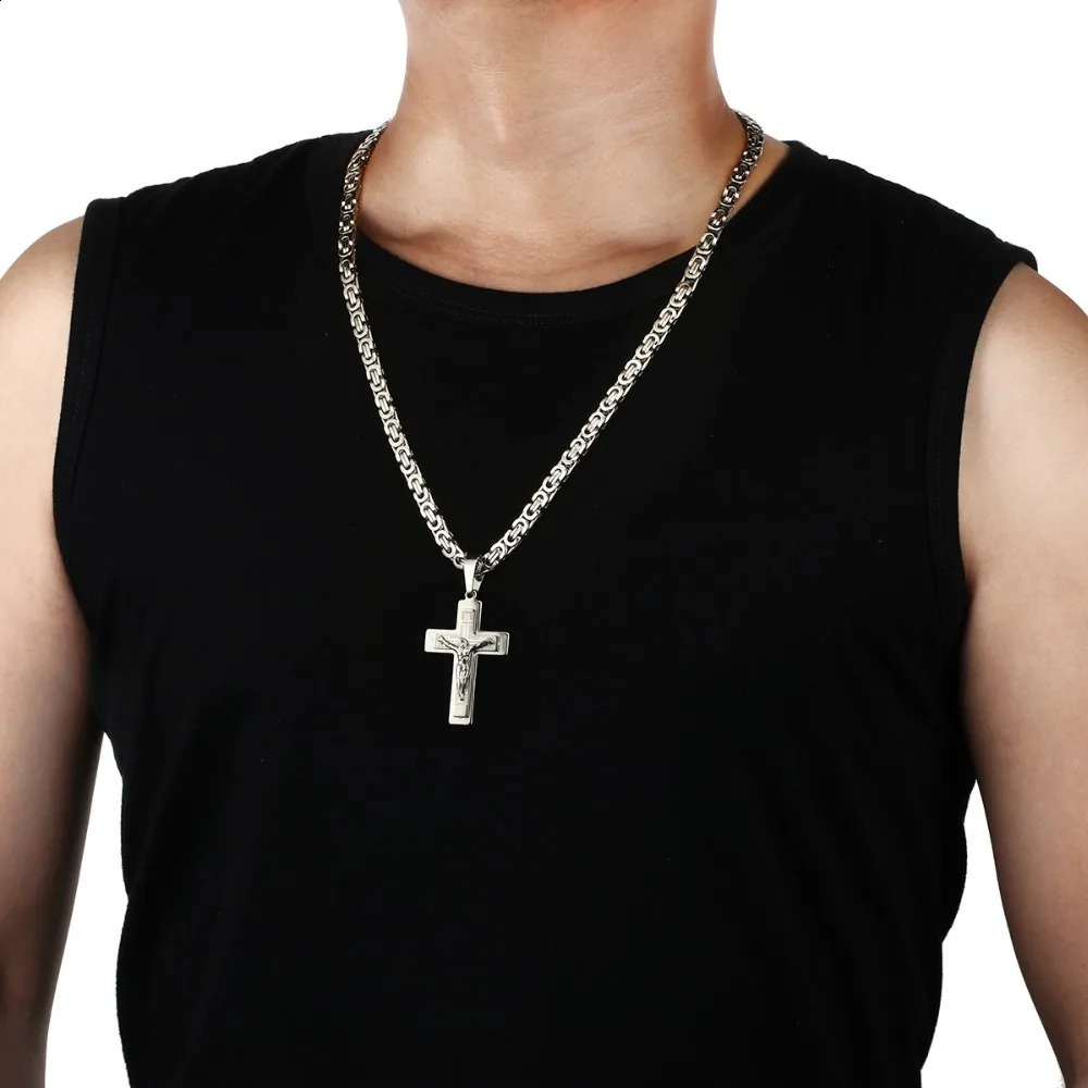 Diyalo Mens Stainless Steel Jesus Christ Holy Crucifix Cross Pendants Necklaces Orthodox Long Chain Necklaces Boys Jewelry 250805