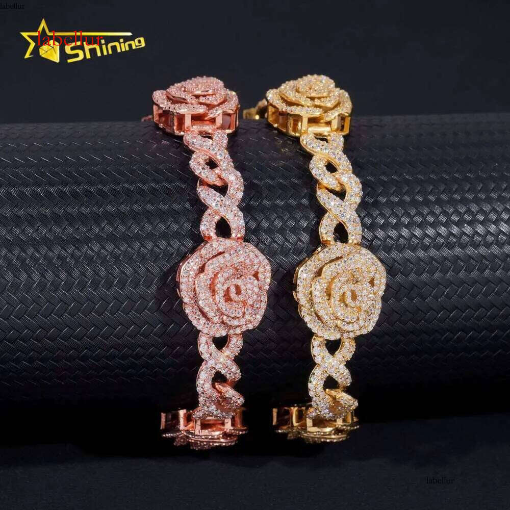 Romantic Rose 3D Gold Plated Iced 16Mm Sterling Sier Hip Hop Unlimited Chain Bracelet