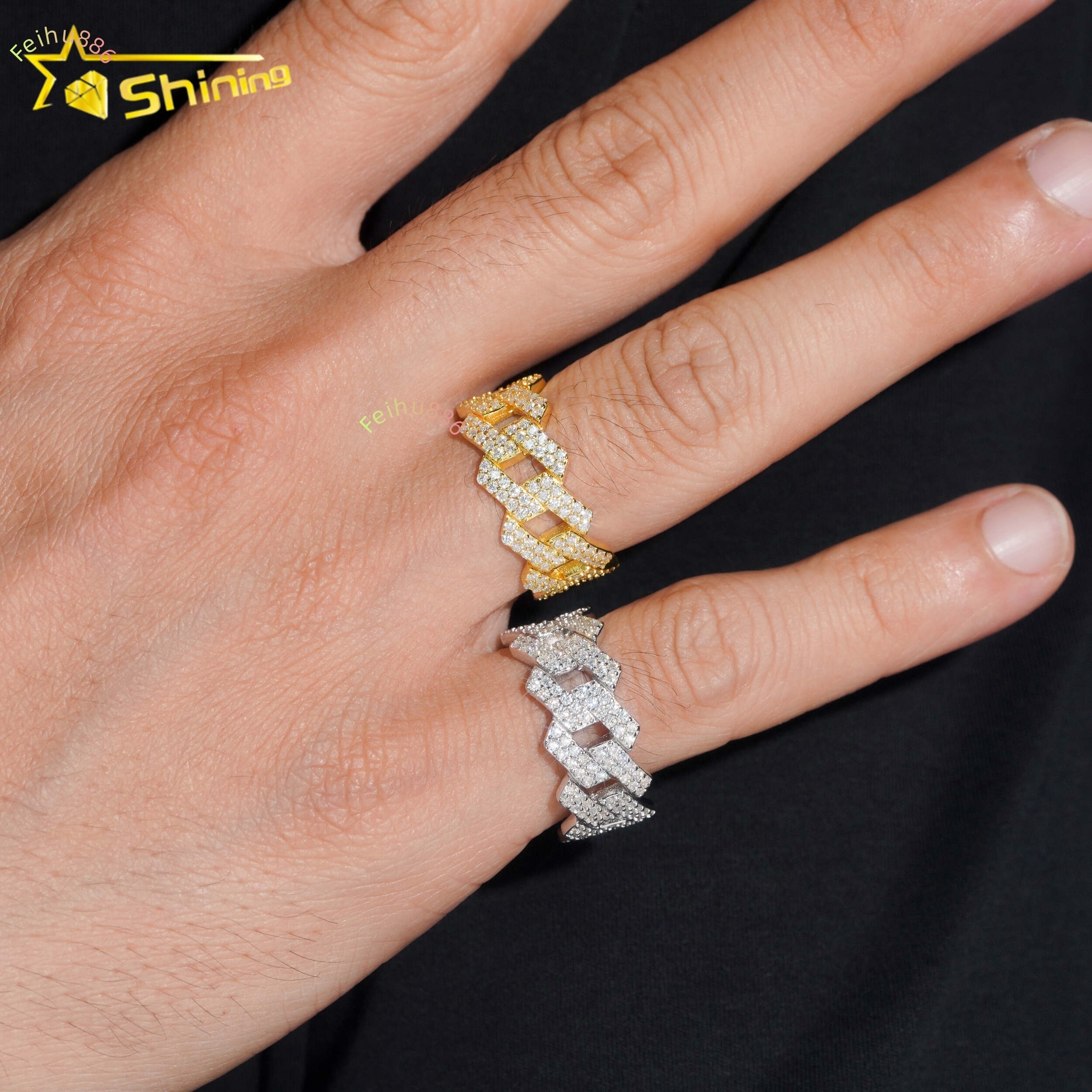 Hot Sale Fashion Two Row Cuban Rings Iced Out High Quality VVS Diamond Hip Hop Men Moissanite Ring