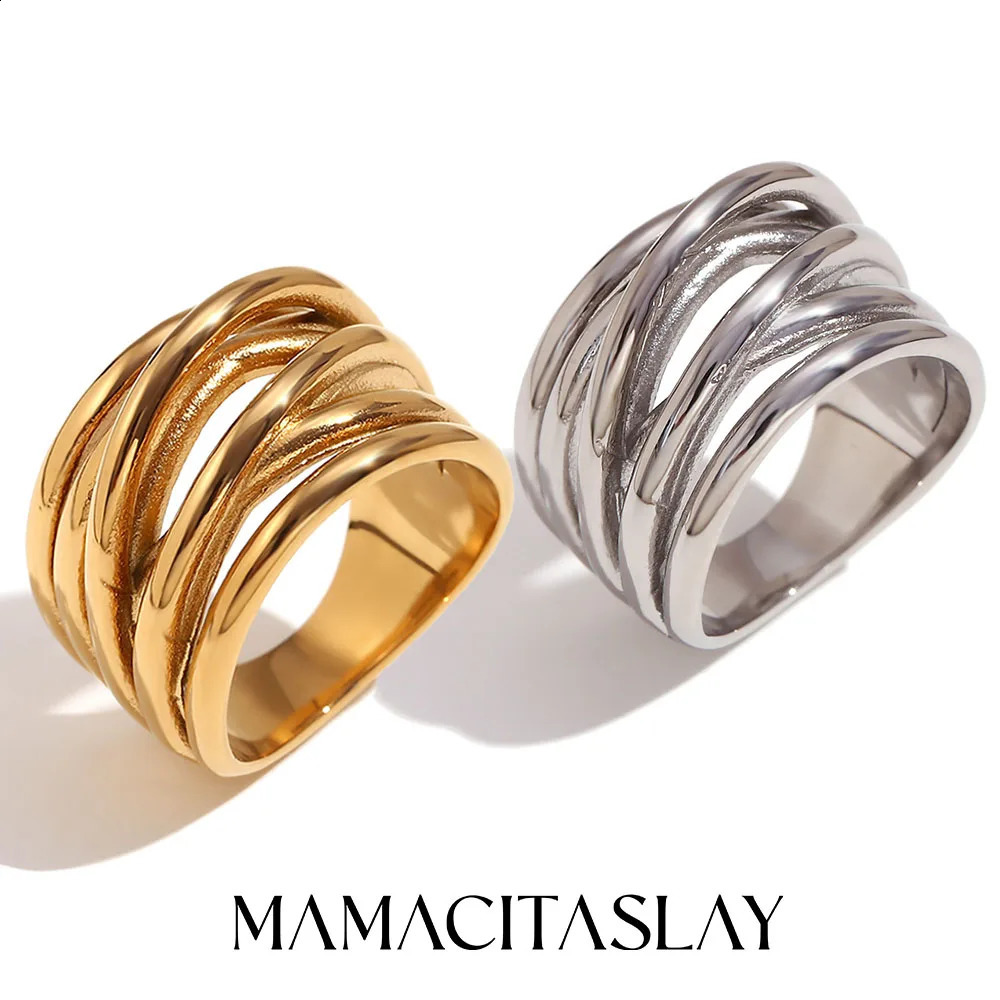 MamacitaSlay Stylish Waterproof Multi-Layer Irregular Woven Winding Womens rings Premium Stainless Steel Jewelry Decoration 250807