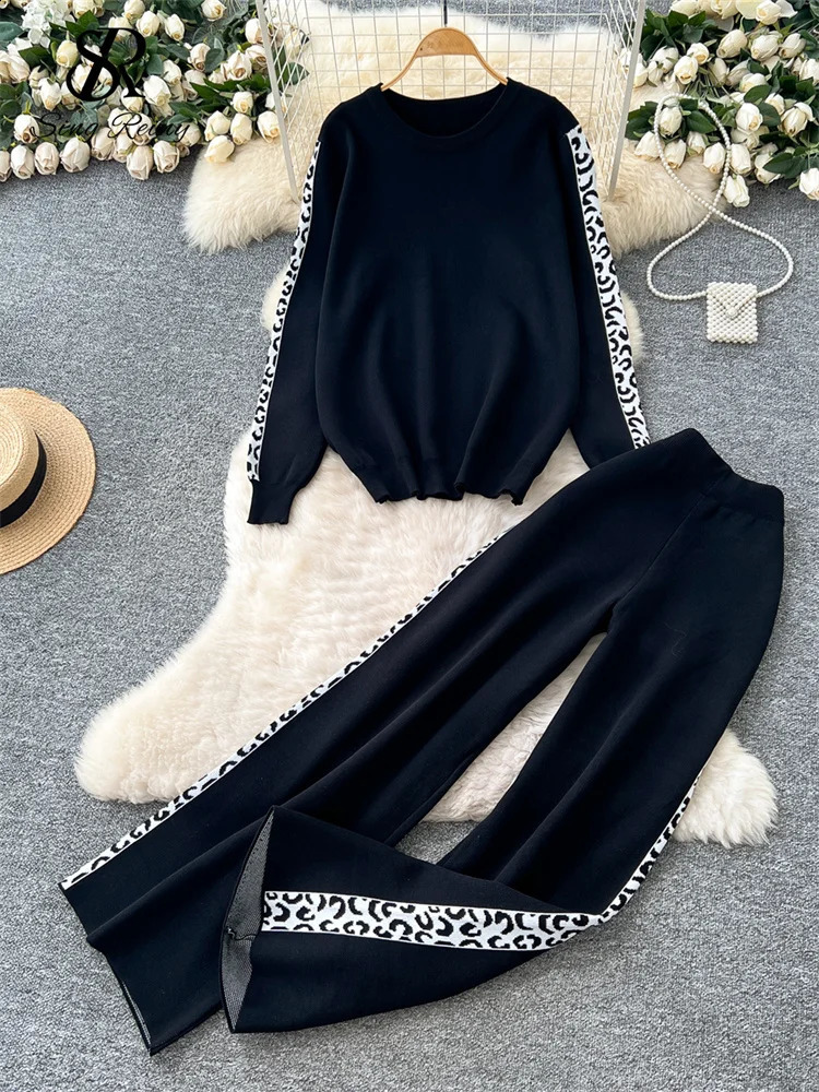 SINGREINY est Autumn Warm Women Suits O Neck Full Sleeves Loose PulloverWide Legs Long Pants Casual Print Knitting Sets 250808