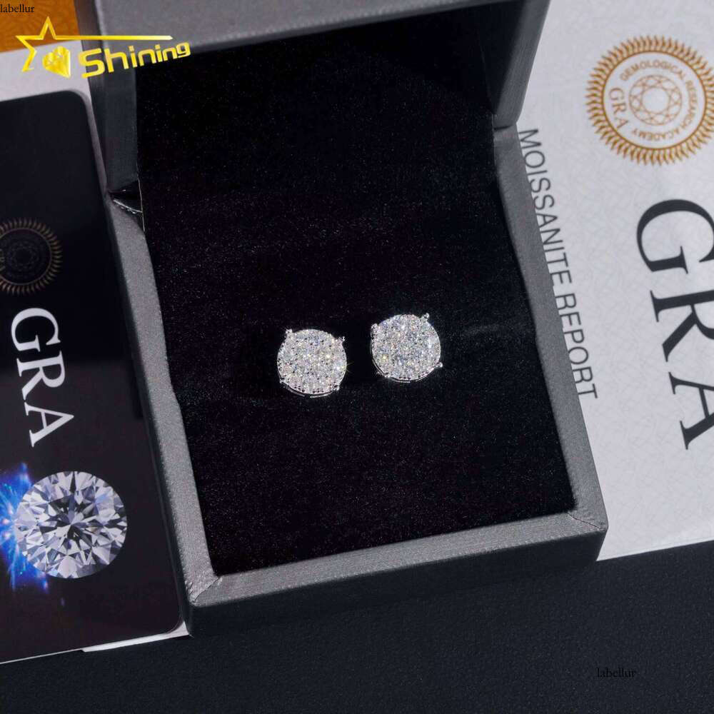 Men Style Stocks Pass Tester GRA Certified VVS Lab Dia Fully Iced Out Sier Jewelry Moissanite Stud Earrings