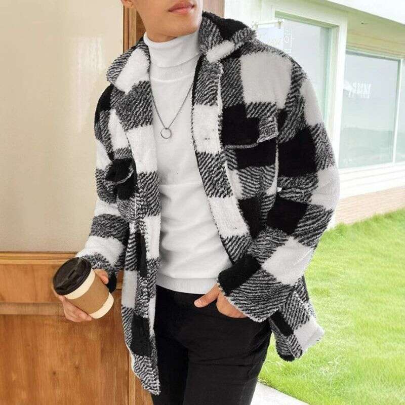 Men's Clothing Fashion Color Matching Plaid Lapel Three Dimensional Pocket Mid Length Jacket