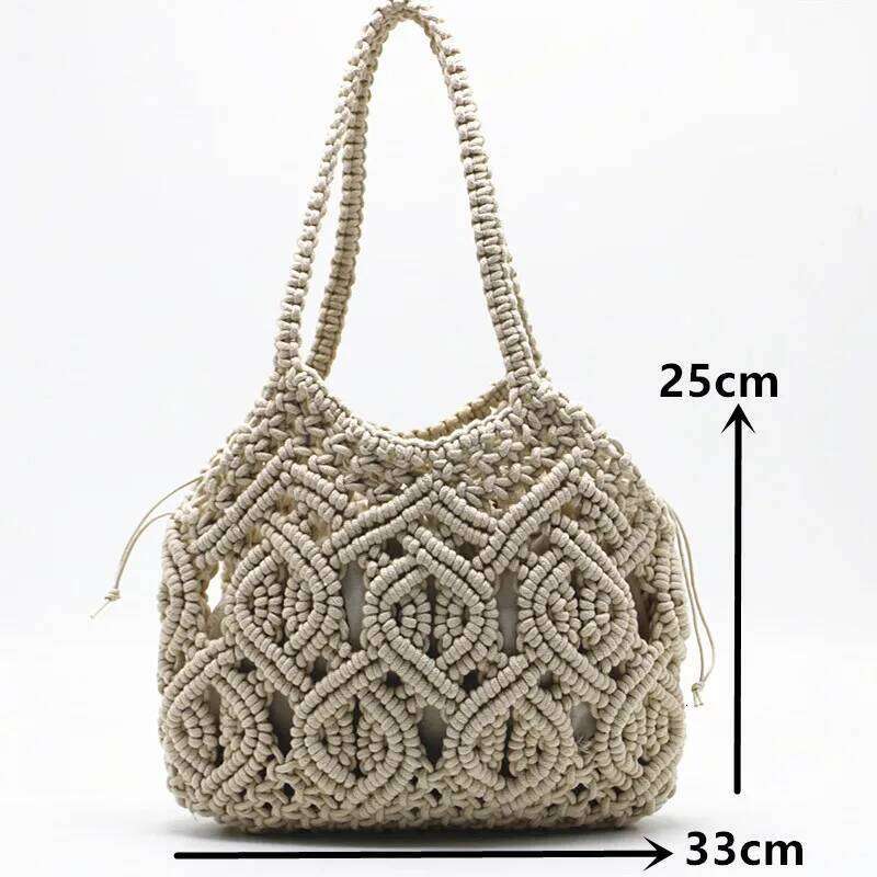 2025 Fashion Hand-woven beach holiday Shoulder handbag Hand tied cotton thread straw woven bag