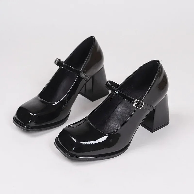 Ladies Summer Black Small Leather Shoes Mary Janes Vintage Buckle Non-Slip Sandals Woman Medium Heels Casual Elegant Heels 260625 - view 5