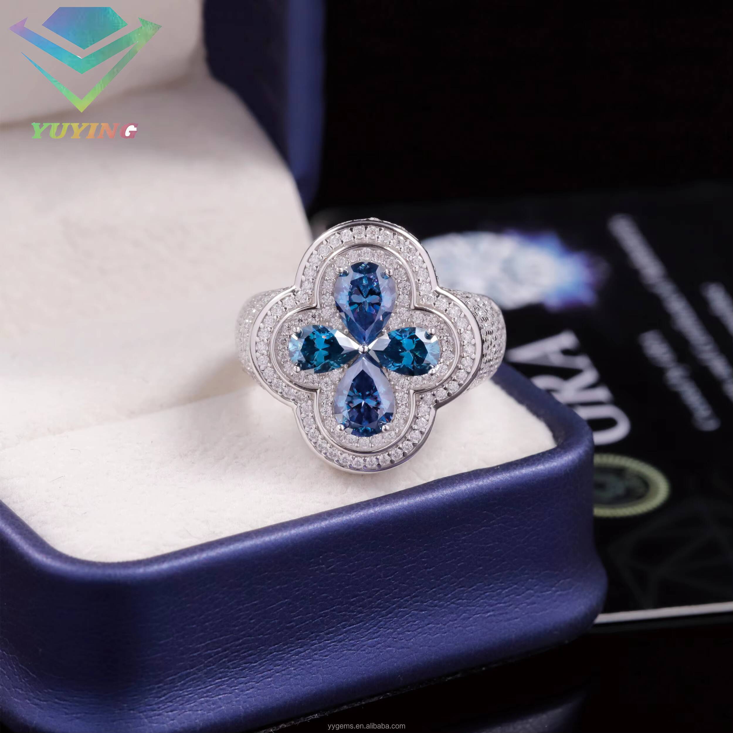Deep Blue Color Pear Cut Moissanite Diamond 925 Silver Material Clover Shape Cuban Ring