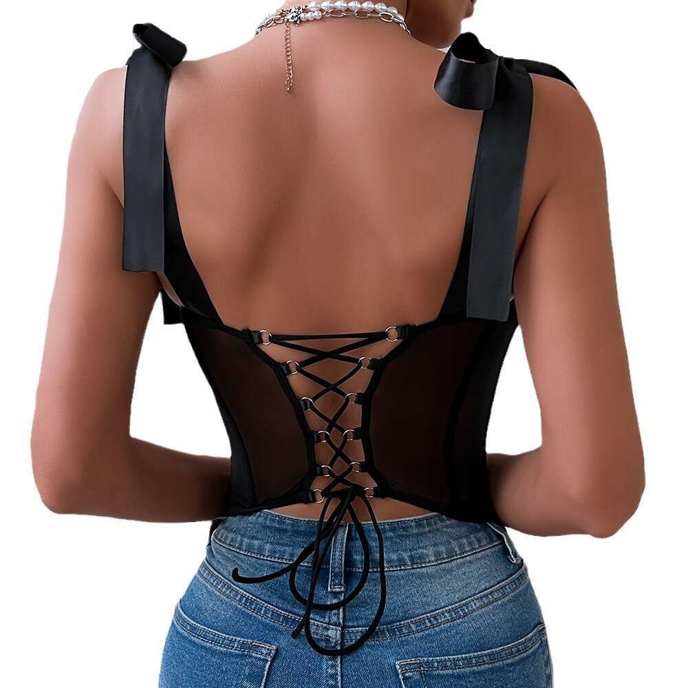 2025 Summer New Hot- Straight Sexy Hot Girl Ribbon Tie Fishbone Strap Tank Top
