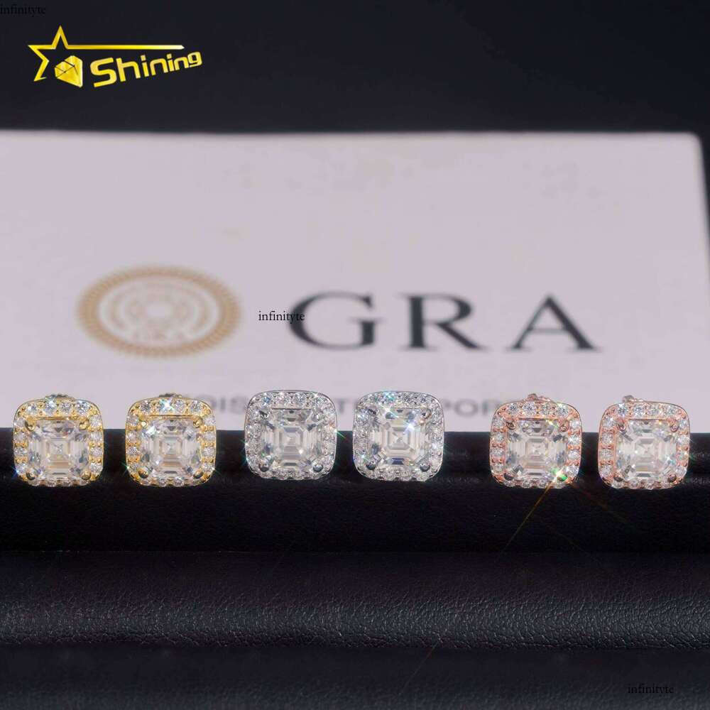 RTS Tester Certified Hip Hop Jewelry Sier Asscher Cut VVS Dia Moissanite Stud Fashion Earrings