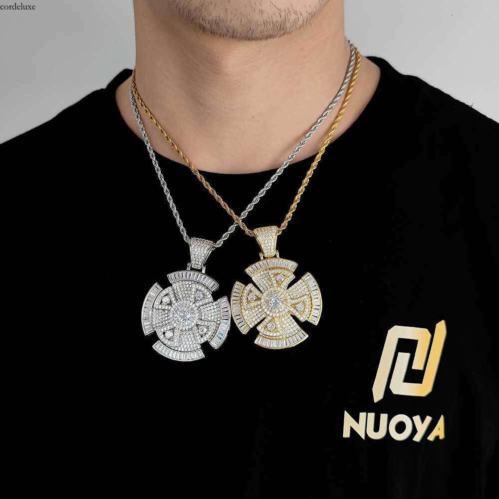 Hip-Hop Rotating Cross Trendy Brand Personality Square Round Moissanite chain Pendant Accessories Men's Necklace