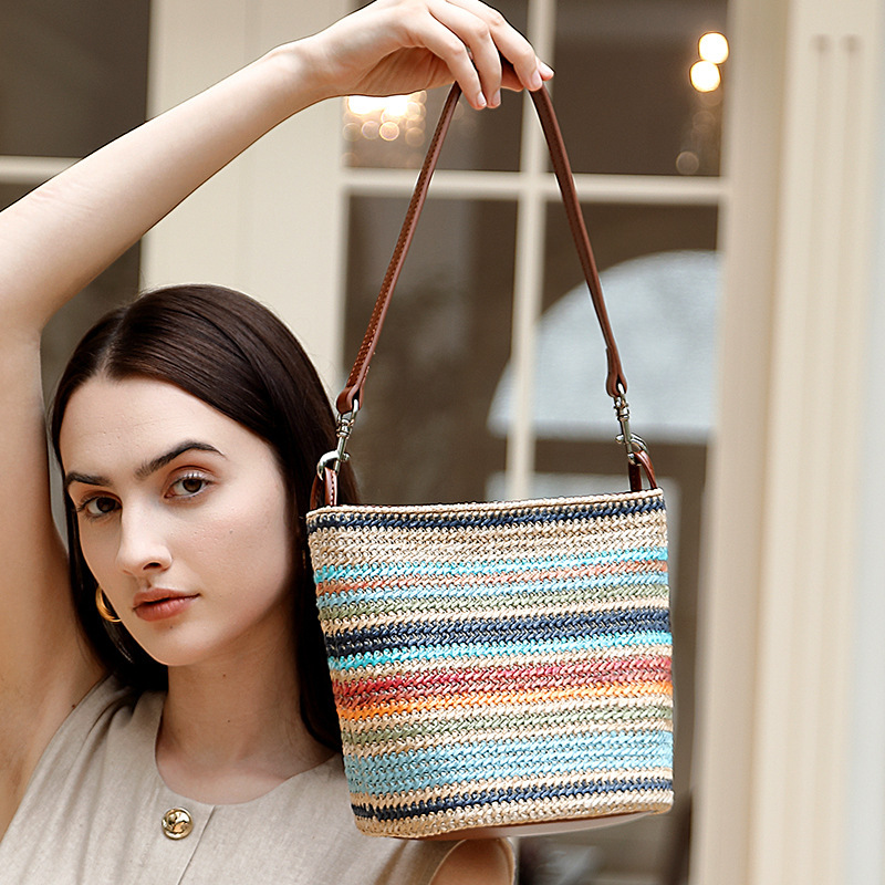 Summer New Fashion Color-Block For Women, Niche Design, Straw Woven With Genuine Leather, Large Capacity Commuter Tote Bag