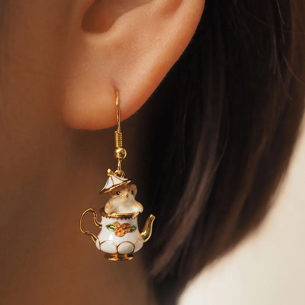 Fashion Funny Enamel Cartoon Chipmunk French Teapot Earrings for Women Accessories Style Jewelry Woman Charm 250805
