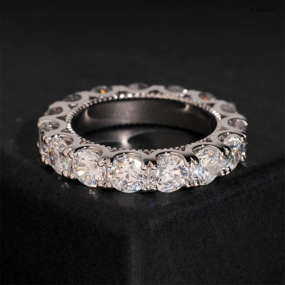 Hip Hop Row Single Stone Sterling Silver Inlaid 5A 5.0MM Zircon Unisex Band Ring Jewelry