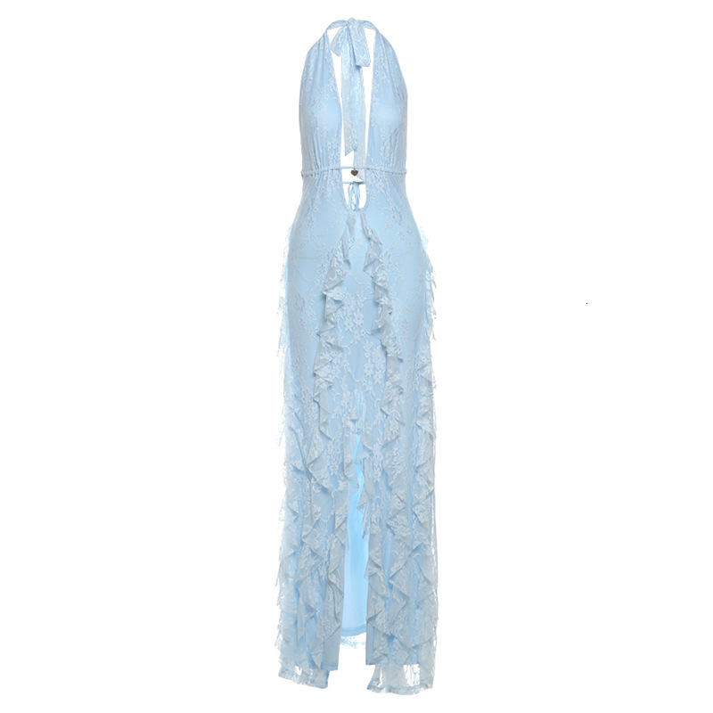 2025 Autumn New Sexy Hot Girl Backless Halter Strap Solid Color Long Dress with Slit