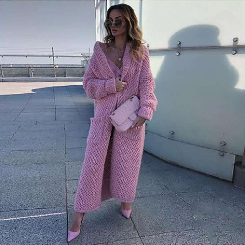 Women's Lapel Cardigan Collage Solid Colour Long Knit Sweater