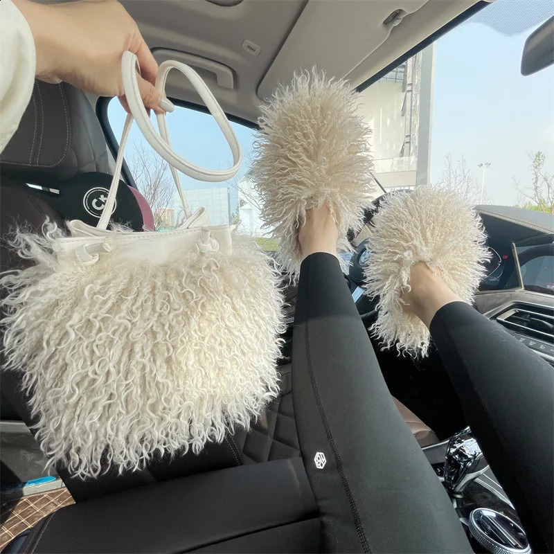 Wool Womens Plush Shoulder Bags Y2k Faux Fur Drawstring Bucket Bag Fashion Female Furry Purse Tote Handbags 250809