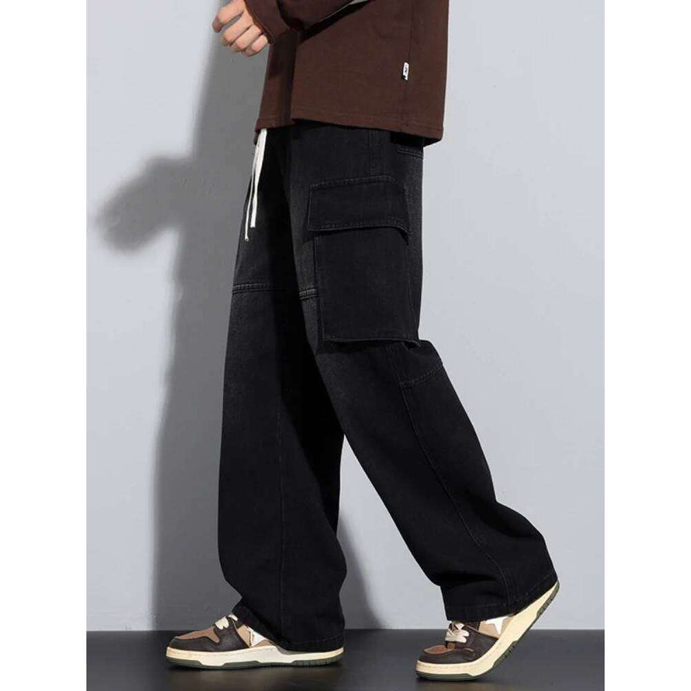 New Men's Baggy Straight Cargo Jeans Elastic Waist Vintage Blue Black Smoky gray Denim Pants Fashion High Street Male Trousers