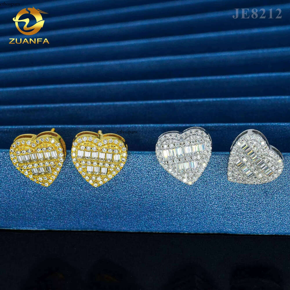 Fine jewelry sterling sier heart design studs screw back women men vvs baguette dia moissanite earring stud