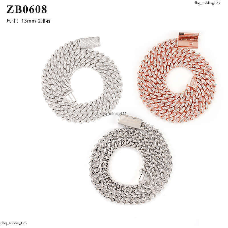 INS Sterling Silver Inlaid Moissanite chain Cuban Chain 13mm Two Row Stone Trendy Brand Jewelry Accessories Wuzhou Direct