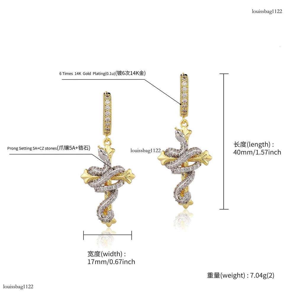 Year of the Carved Two-tone Cross Full Zircon Domineering Snake Unisex Non-fading Earrings