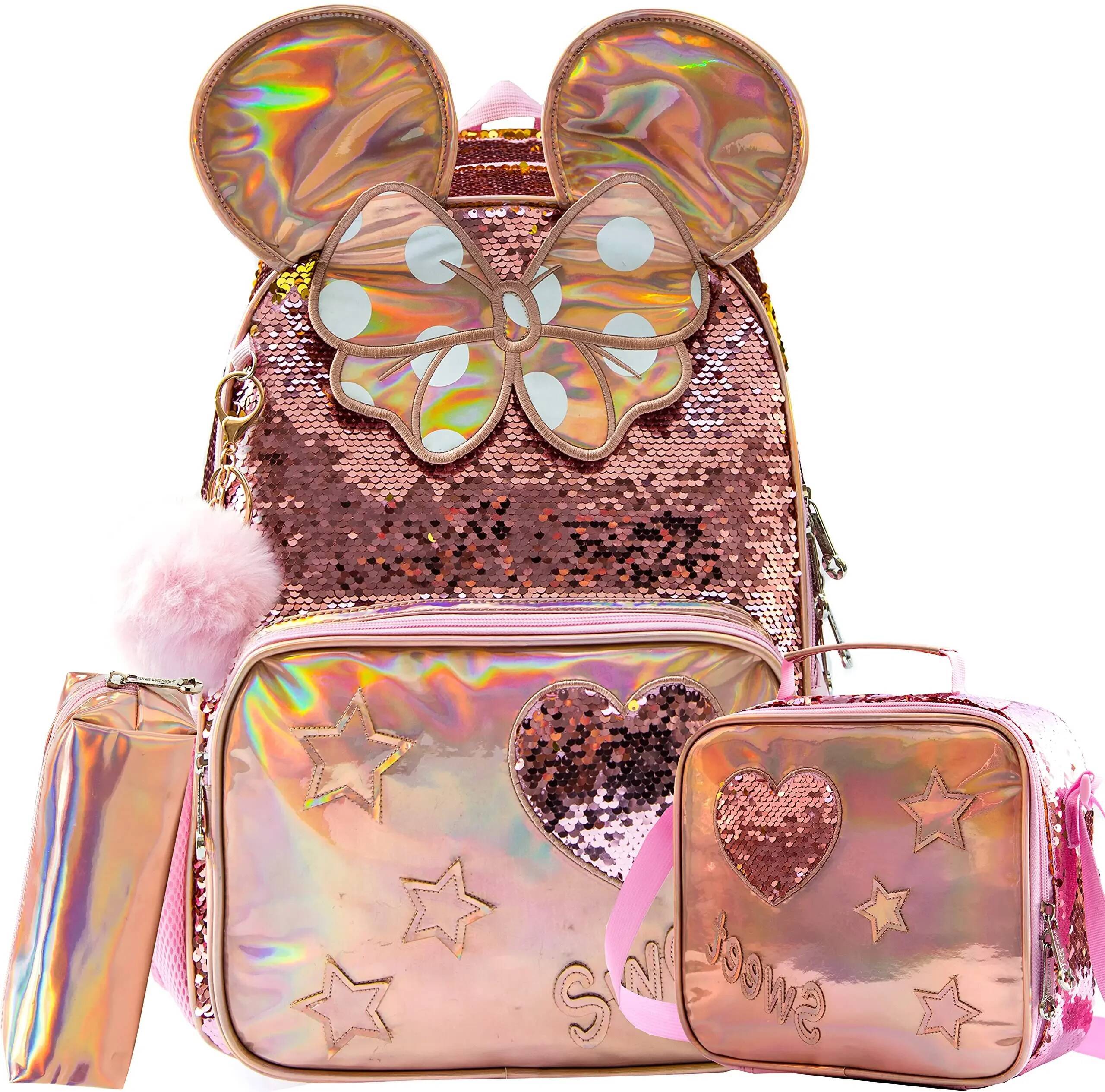 School Backpacks with Lunch Box Elementary Students, Travel Sequin Backpack for Girls, 16 ", 3Pcs