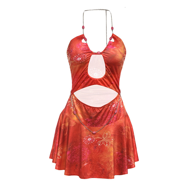 2025 Summer New Womens Fashion Halter Neck Beaded Chain Printed Short Dress Sexy Vacation Dress