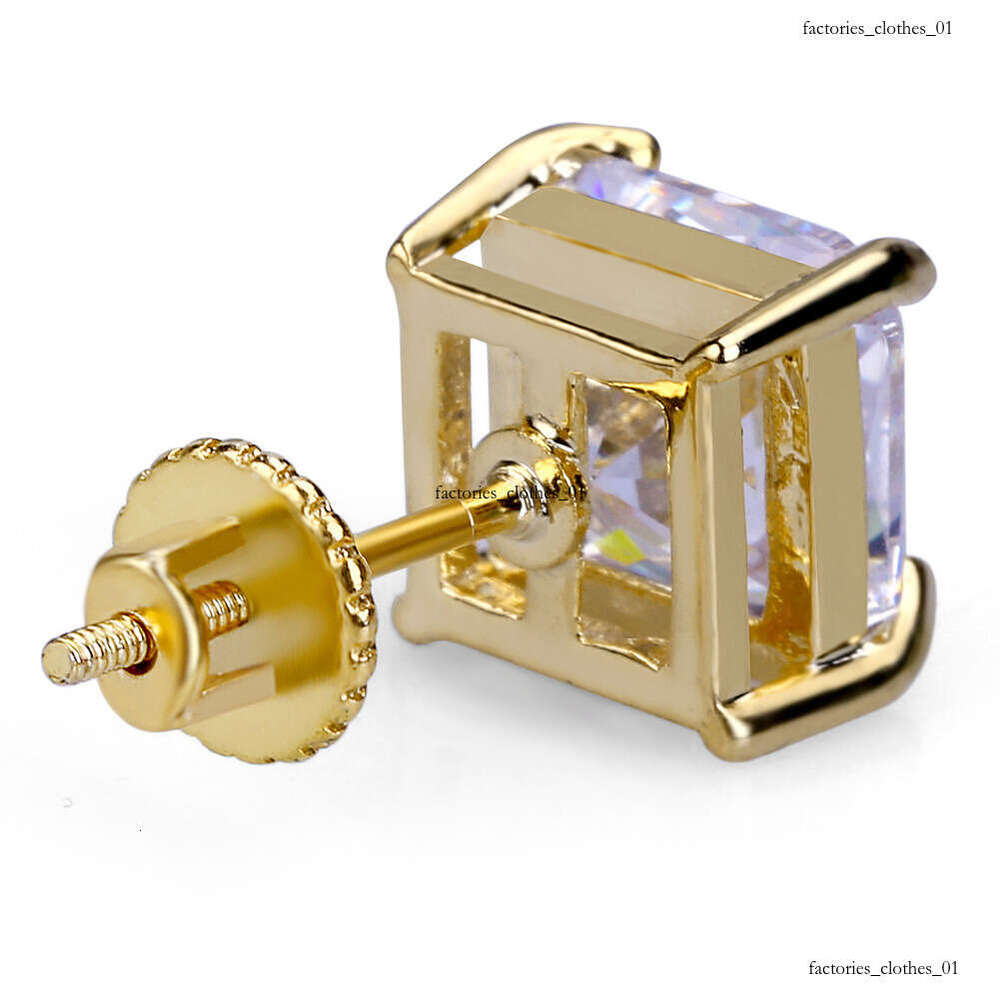 New Gold-Plated Micro-Paved Square Zircon Threaded Earrings Hiphop 6mm Ear Jewelry