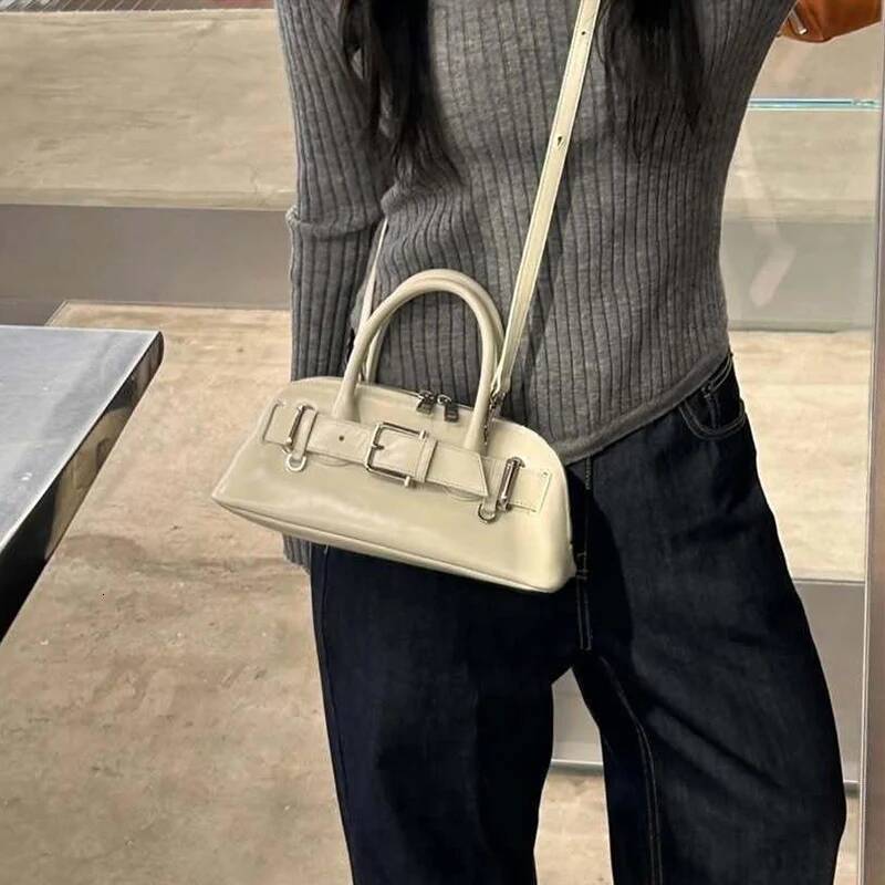 Brand Design Belt Buckle Half Moon Fashion Leather Handbag Key Shell Long Shoulder Strap Crossbody Bag Y2k Motorcyclebag