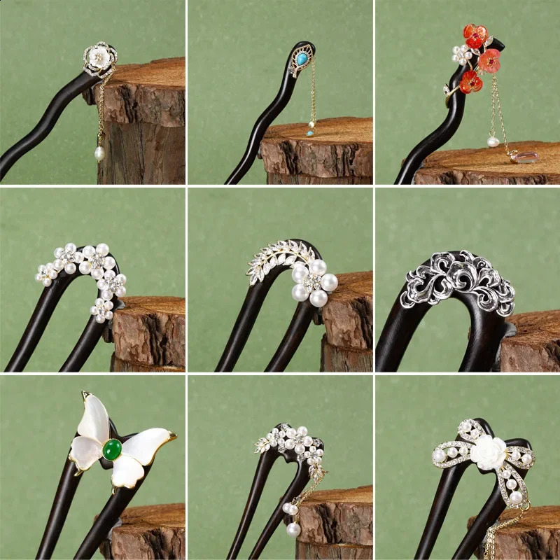 Ebony wood U-shaped Hairpin Ancient style Advanced feeling Chinese Style Pearl Hairpin Retro style Simplicity Updo Double ha 250807