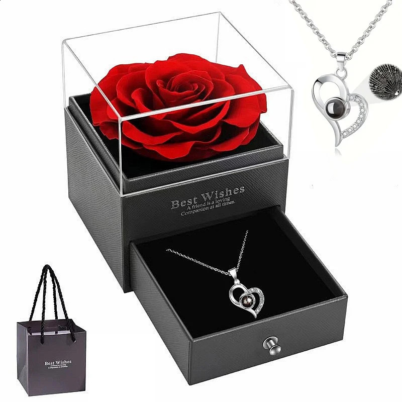 Heart-Shaped Red Rose Necklace with Gift Box - Valentines Day Anniversary Birthday Mothers Day Gift for Women Mom Wife 250805