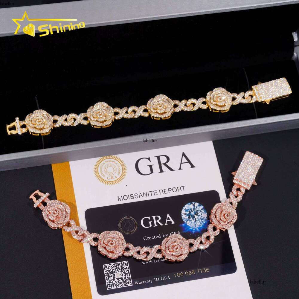 Romantic Rose 3D Gold Plated Iced 16Mm Sterling Sier Hip Hop Unlimited Chain Bracelet