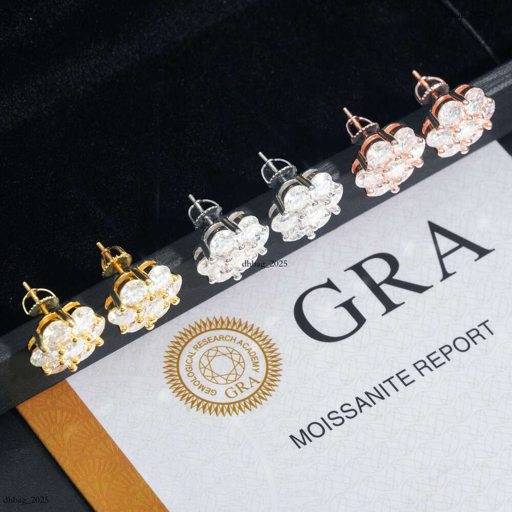 New Iced Out VVS 15.0mm Moissanite Full Inlaid Flower Stud Earrings Hip Hop Jewelry