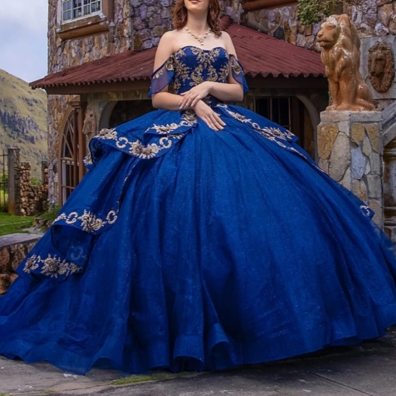 Royal Blue Quinceanera Dresses Ball Gown Off The Shoulder Applique Lace Beads Tull Corset Party Birthday Sweet 16 Dress Vestidos 15 Anos