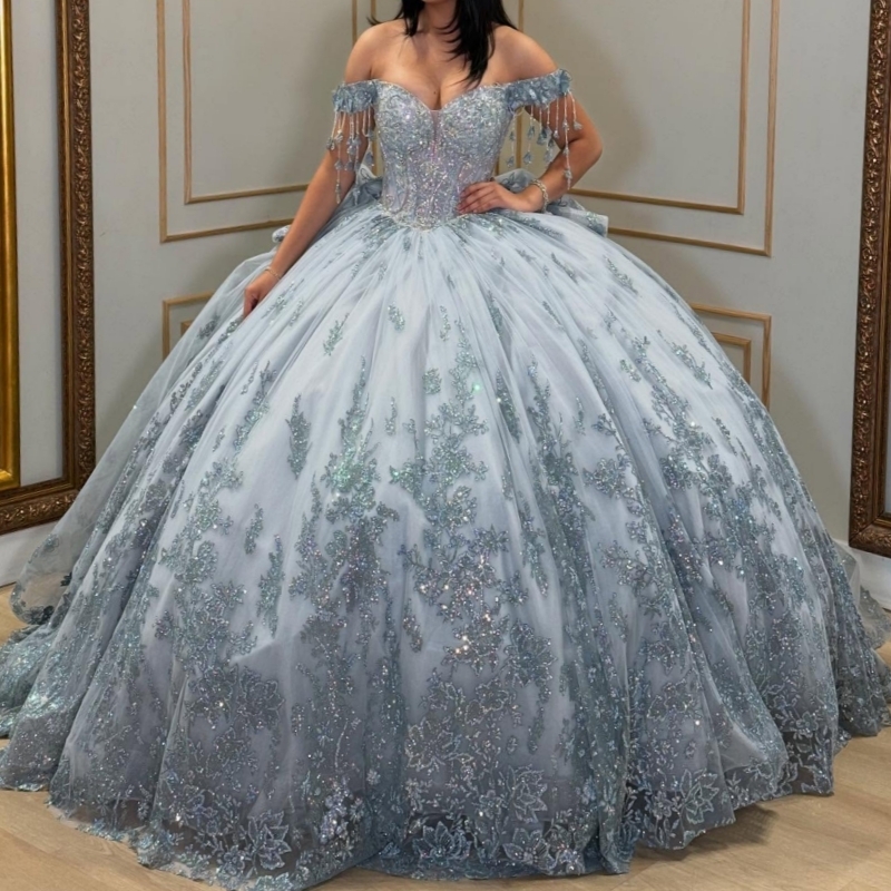 Gray Shiny Quinceanera Dresses Off The Shoulder Sequin Applique Lace Beading Tull Ball Gown Vestidos De 15 Anos Sweet 16 Dress
