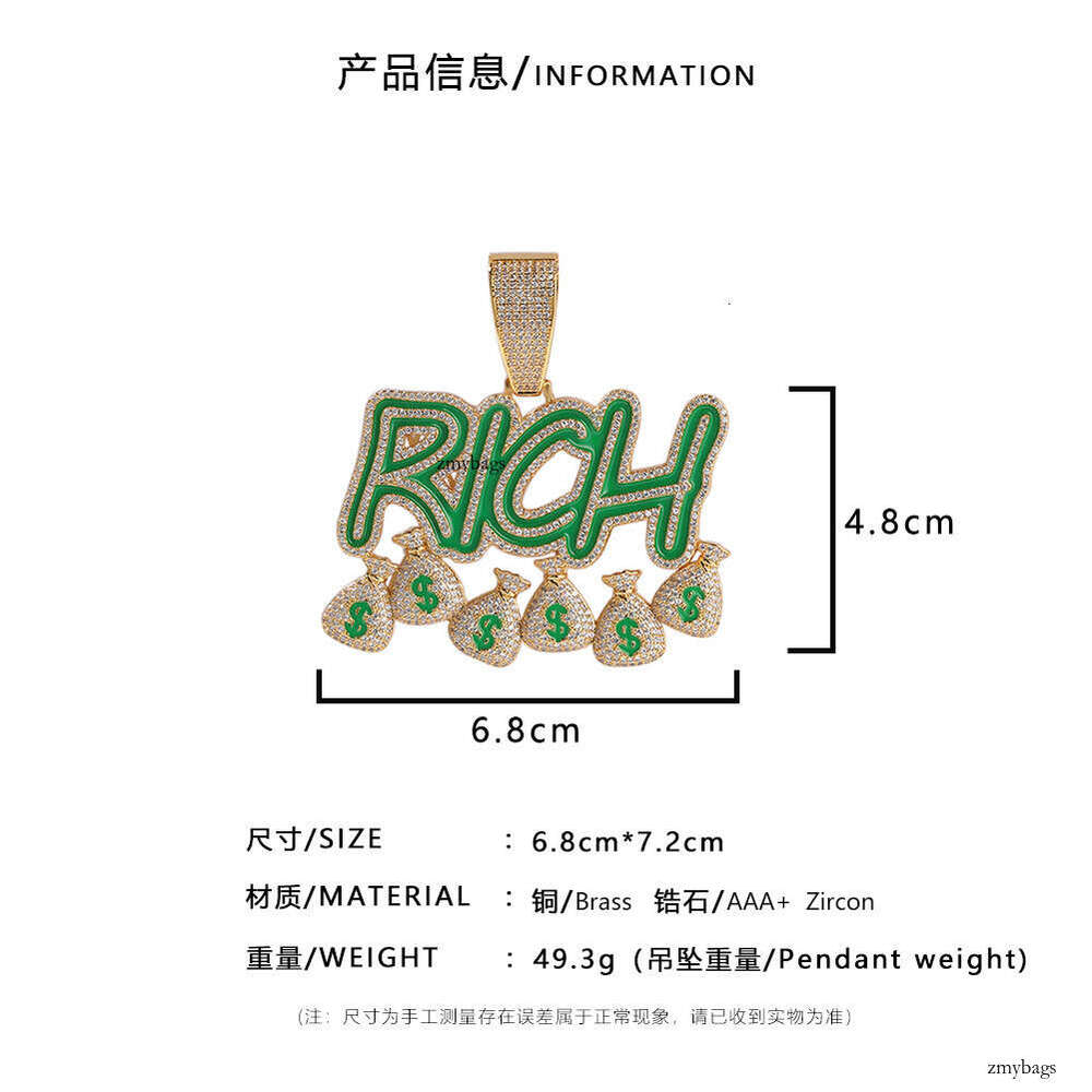 Hiisees Trendy Brand Hip-Hop Luminous RICH Money Bag Pendant Creative Moissanite chain Letter Necklace for Men and Women