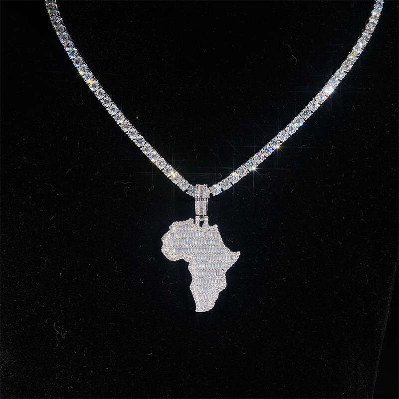 Hip-Hop Pendant Personality Map Sterling Silver Inlaid Moissanite chain Full Dia Unisex Necklace Accessory