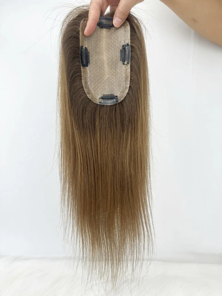 Light Brown Ombre Virgin Hair Women Topper Injected Silicone Skin Base Toupee 9x14cm Clip In Human Hair Topper Silk Bas PU Around or no pu