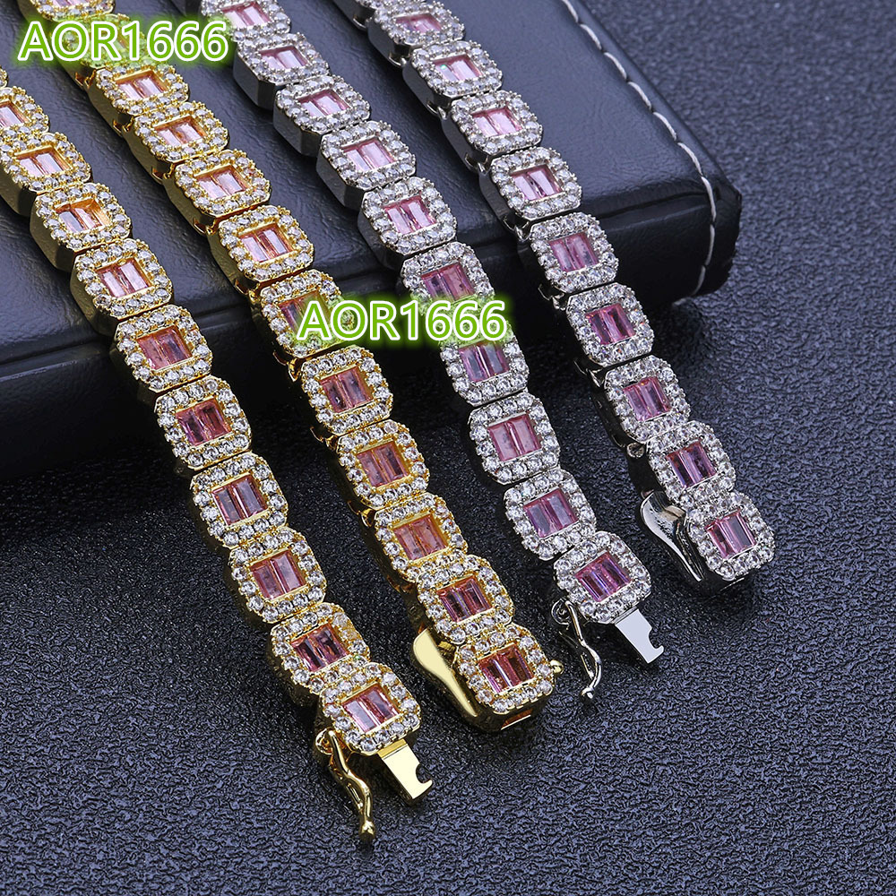 Hot Sale Hip Hop Jewelry 8mm Square Pink Diamond Gold/Platinum Tennis Necklace/Bracelet Set Men's Party