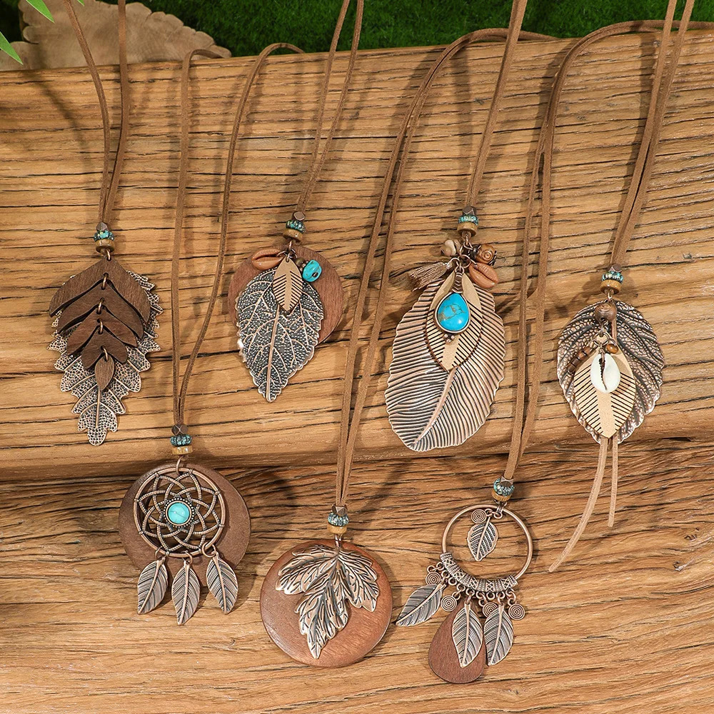 7pcs Boho Long Neckalce Set Brown Pendent Necklaces Sweater Chain Turquoise Shell Tribal Jewelry Party Decors Lifts 250805