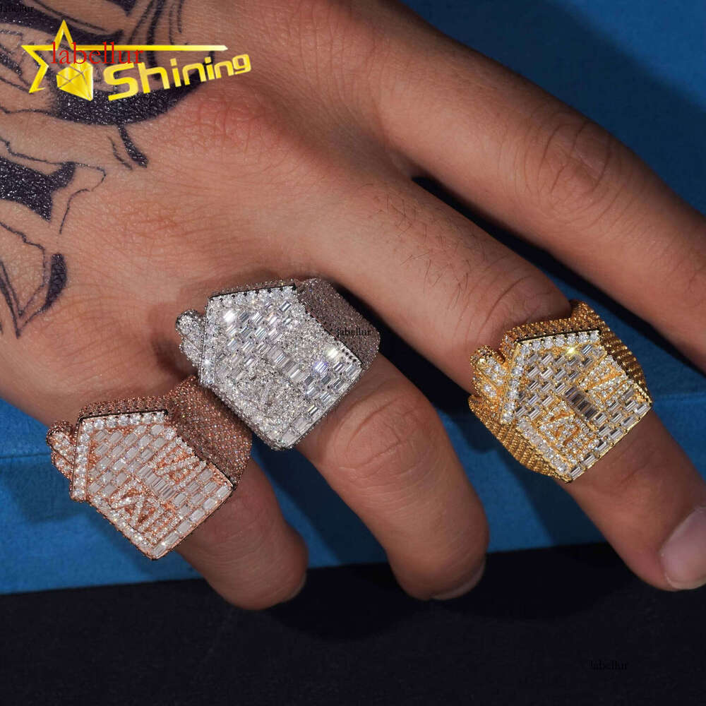 Luxury Rapper Hip-Hop Jewelry Gold-Plated Solid Pure Silver Full Iced Out Trap House Moissanite Ring