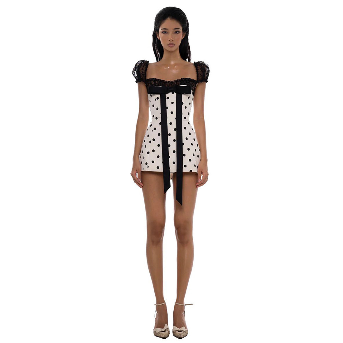 2025 Summer New Womens Clothing Bowknot Polka Dot Short Dress Sexy Lace Patchwork Waist-Hugging Bodycon Dress